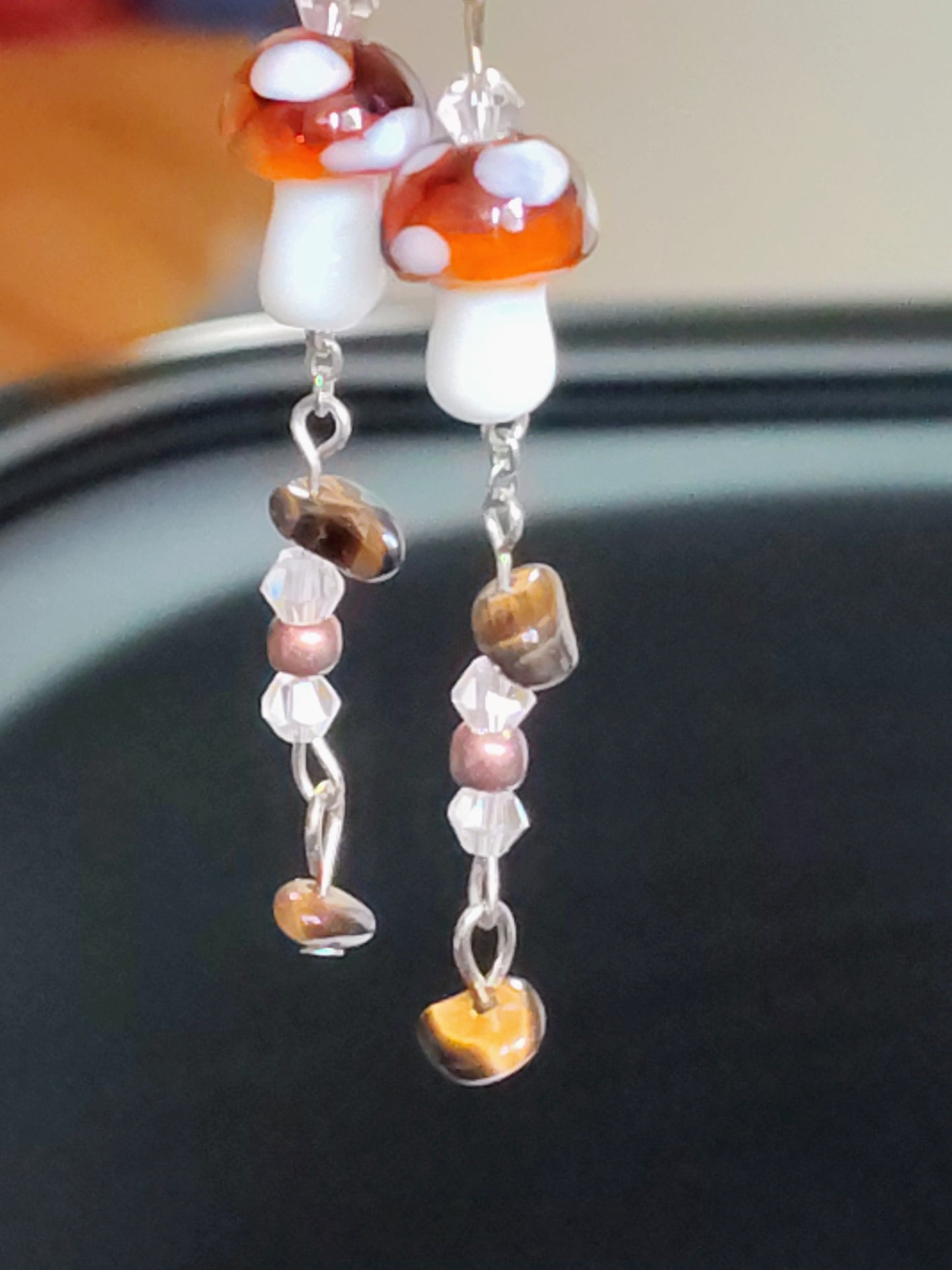 Tiger's Eye Toadstool Drops™ | Handmade Tiger's Eye Healing Crystals Mushroom Earrings
