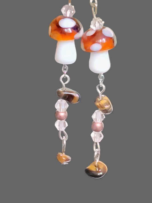 Tiger's Eye Toadstool Drops™ | Handmade Tiger's Eye Healing Crystals Mushroom Earrings